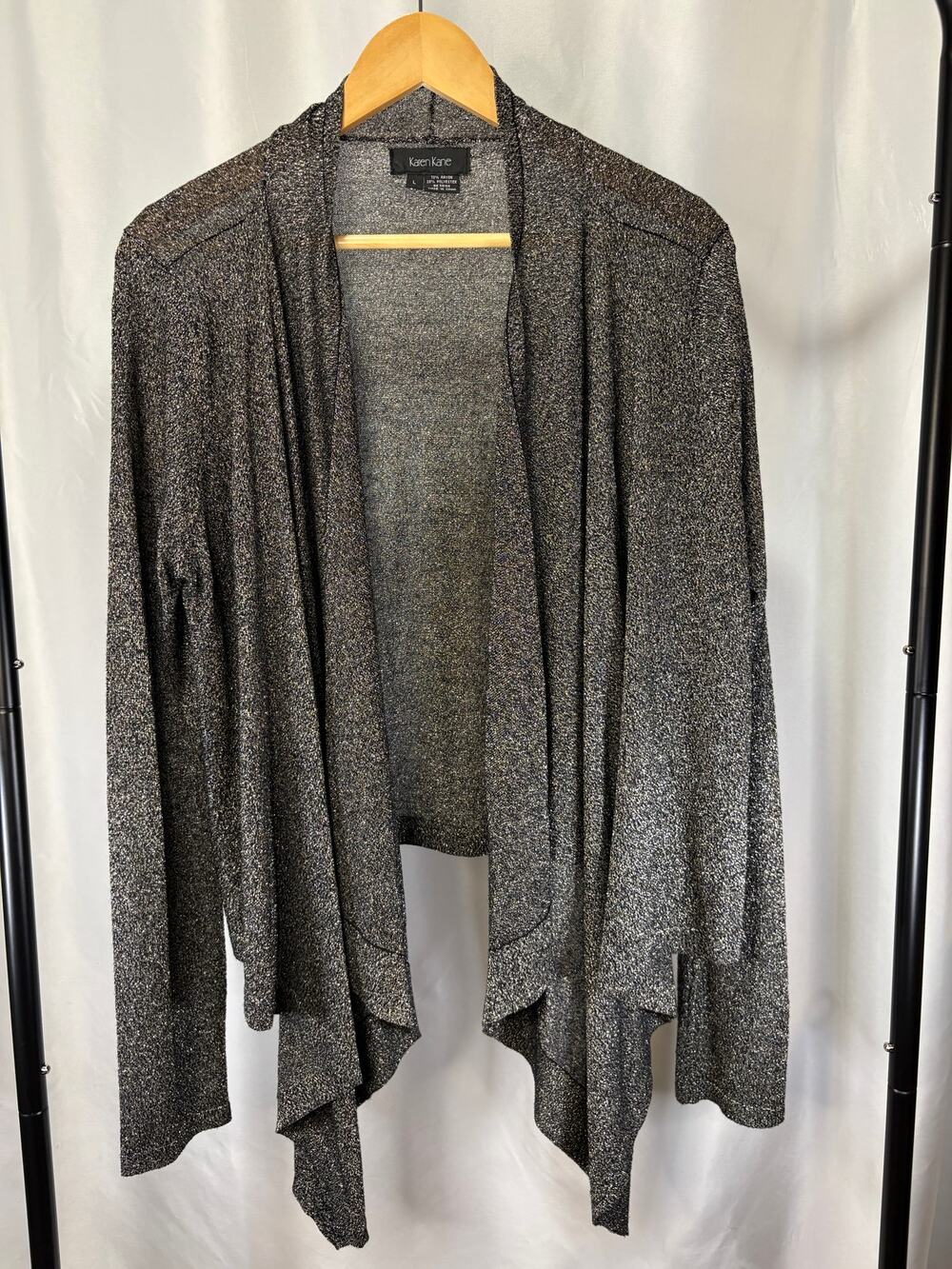 Karen Kane Women’s L Metallic Black Silver Open Front Draped Cardigan Sweater